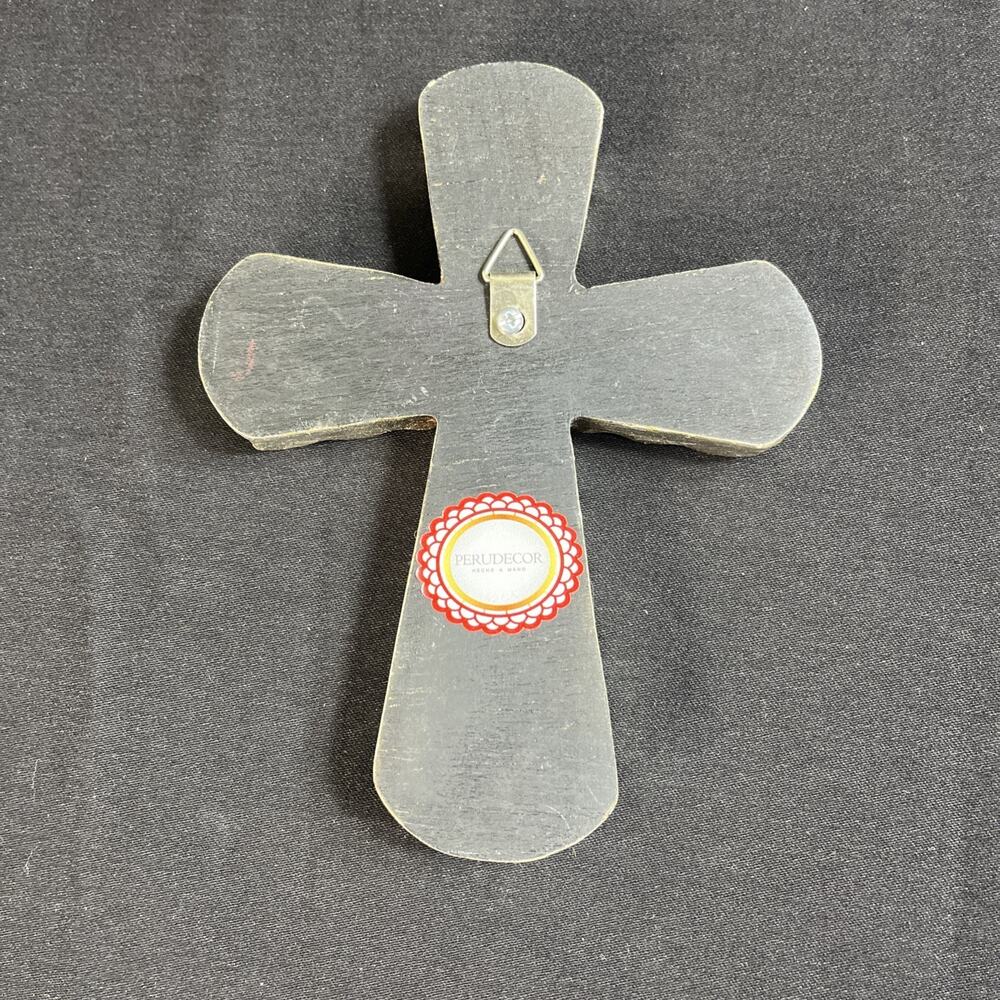 Peru Mohena Wood Cross w Mirror Reverse Painted Glass Artisan 5” X 6.5” Floral - Picture 7 of 8